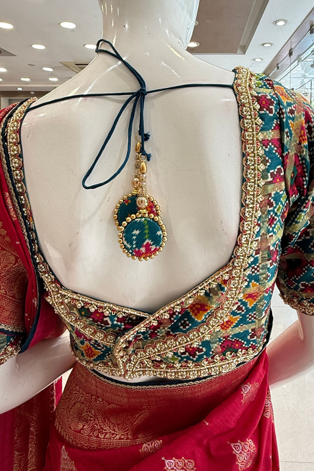 Rani Pink Banaras work Saree with Patola Print, Sequins and Zardozi work Readymade Blouse