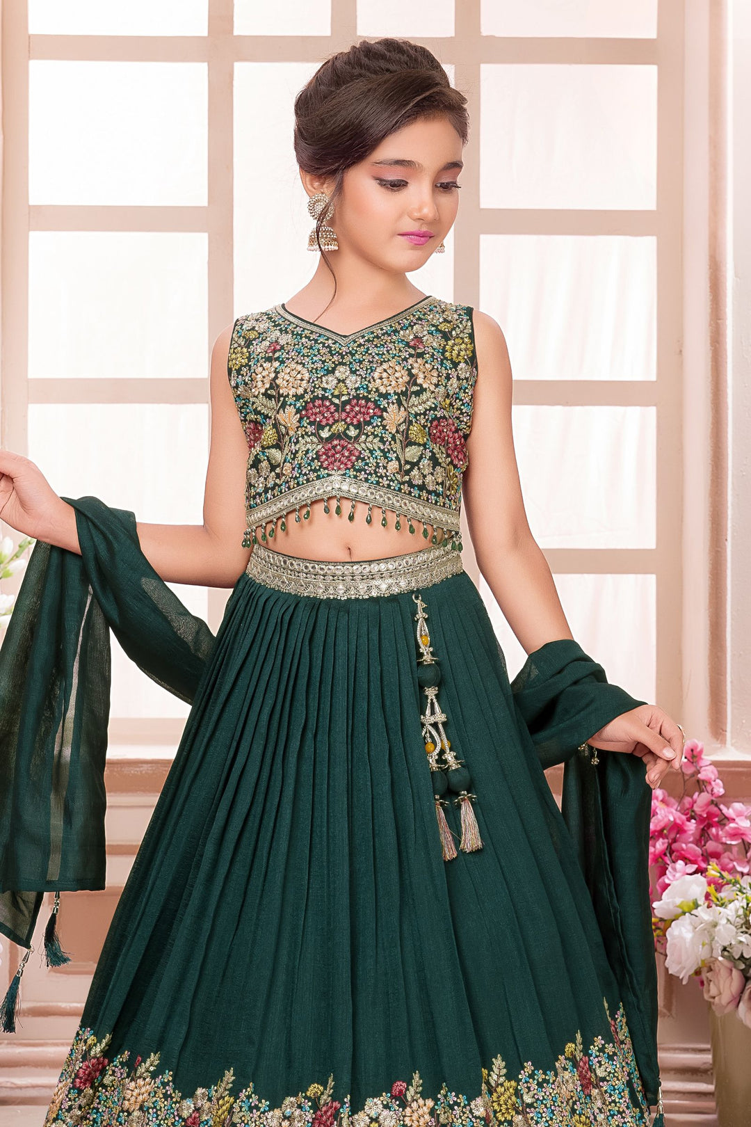 Bottle Green Multicolor Embroidery, Stone, Sequins and Beads work Lehenga Choli for Girls