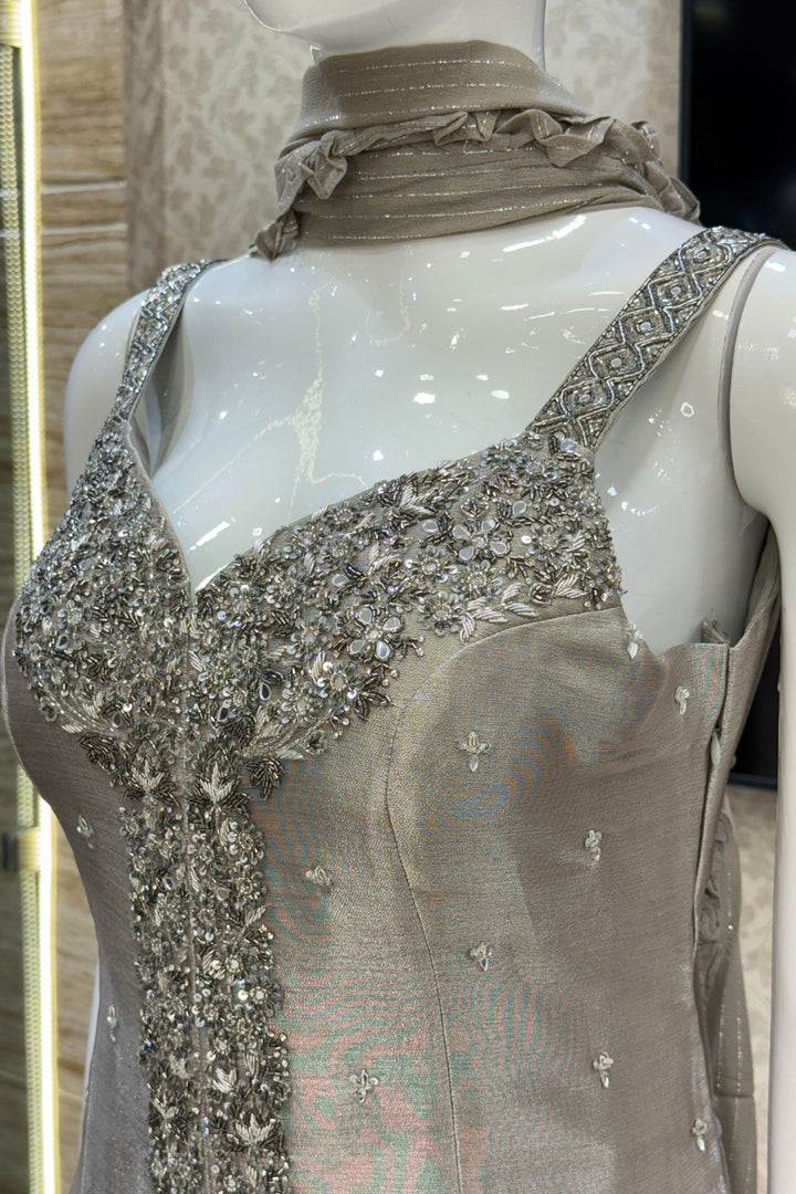 Grey Beads, Zardozi, Stone and Mirror work Palazzo Salwar Suit