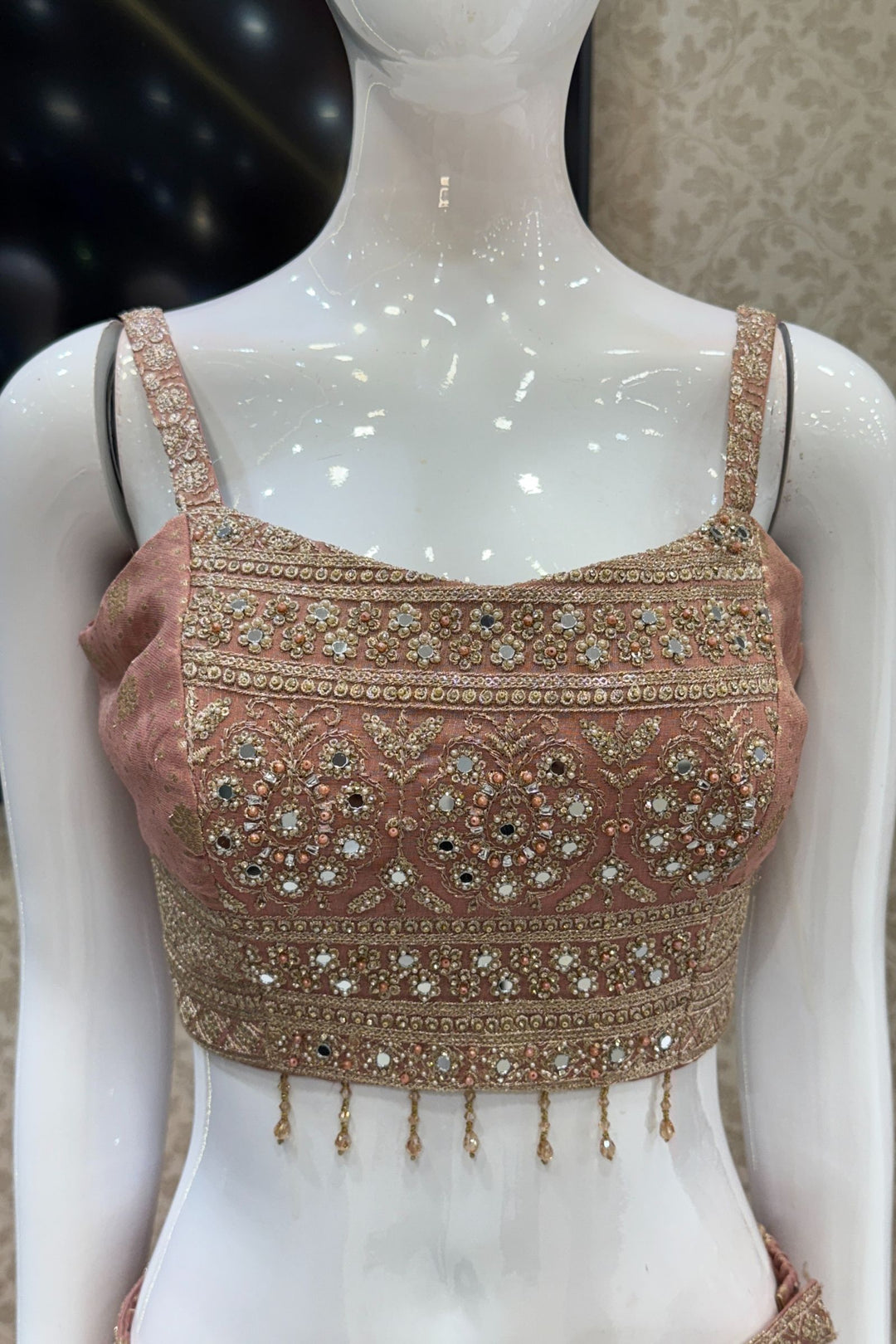 Peach Stone, Zari and Sequins work Crop Top with Overcoat Styled Palazzo Suit Set