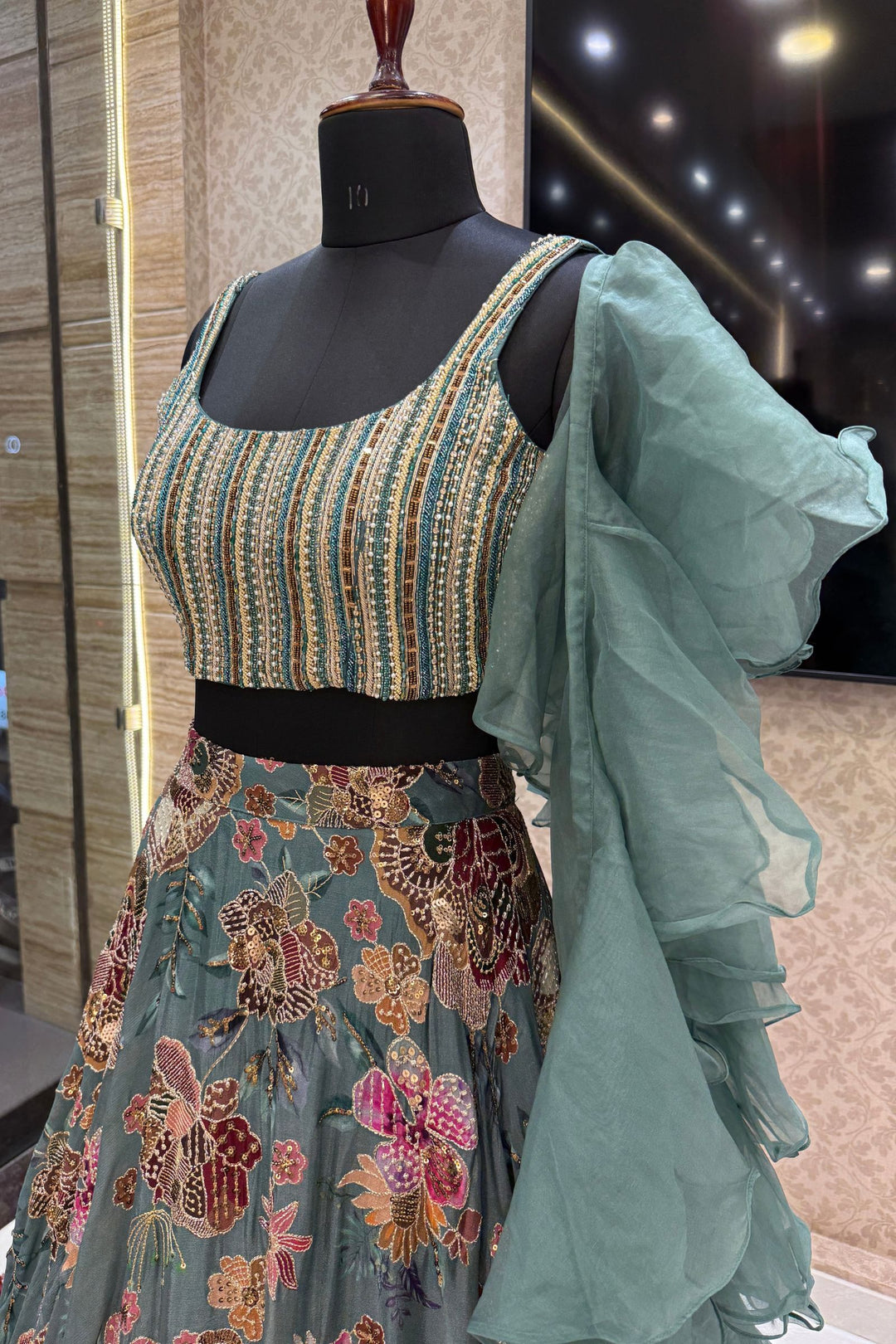 Pastel Green Beads, Zardozi, Sequins, Stone and Zari work with Floral Print Lehenga Set