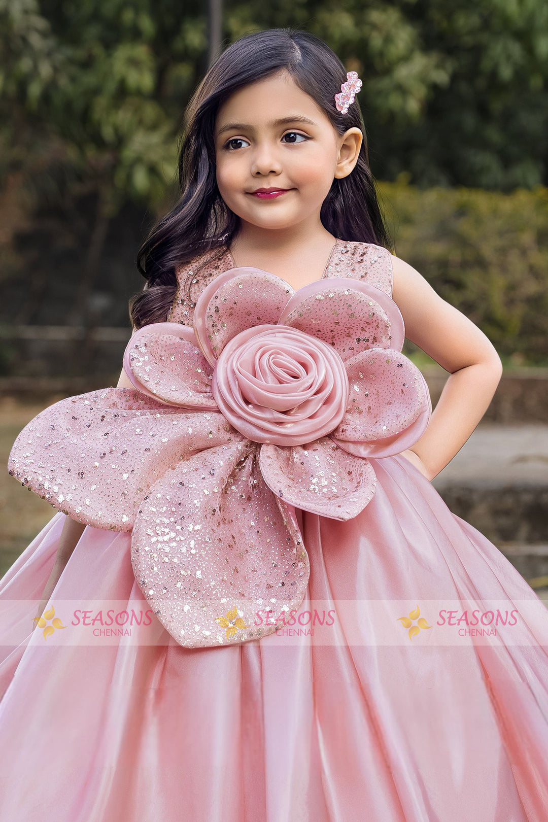 Peach Sequins work Long Party Gown for Girls