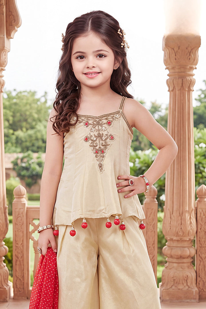 Cream Beads and Thread work Palazzo Suit Set for Girls