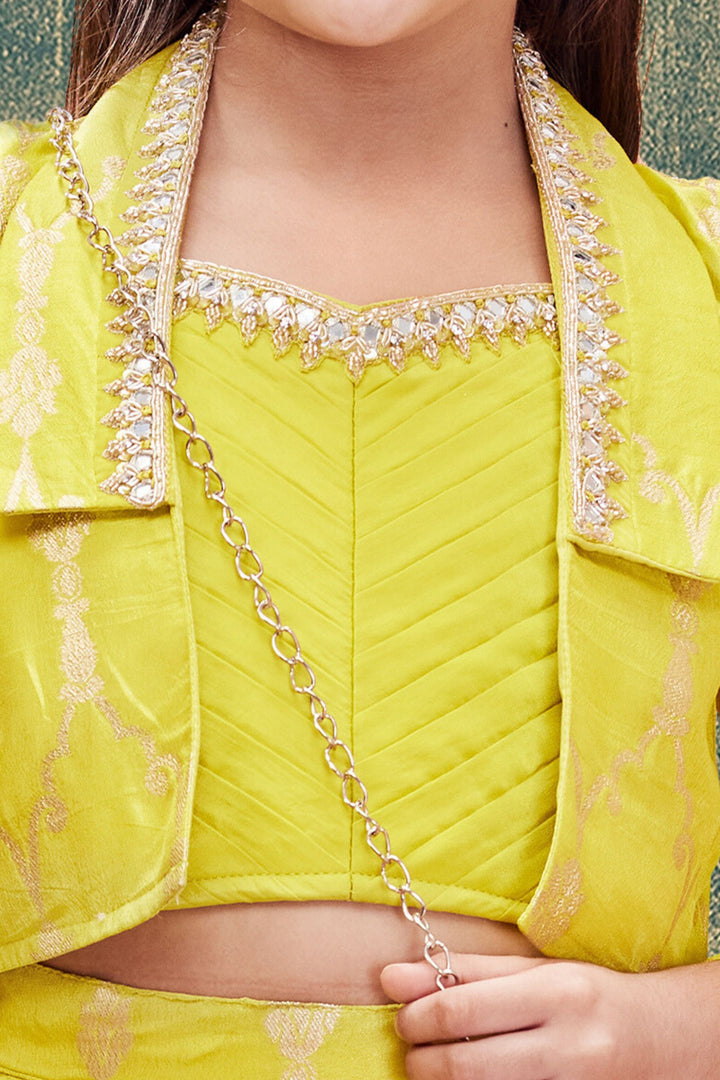 Neon Yellow Mirror, Stone and Jacquard work Overcoat Styled Long Party Gown for Girls