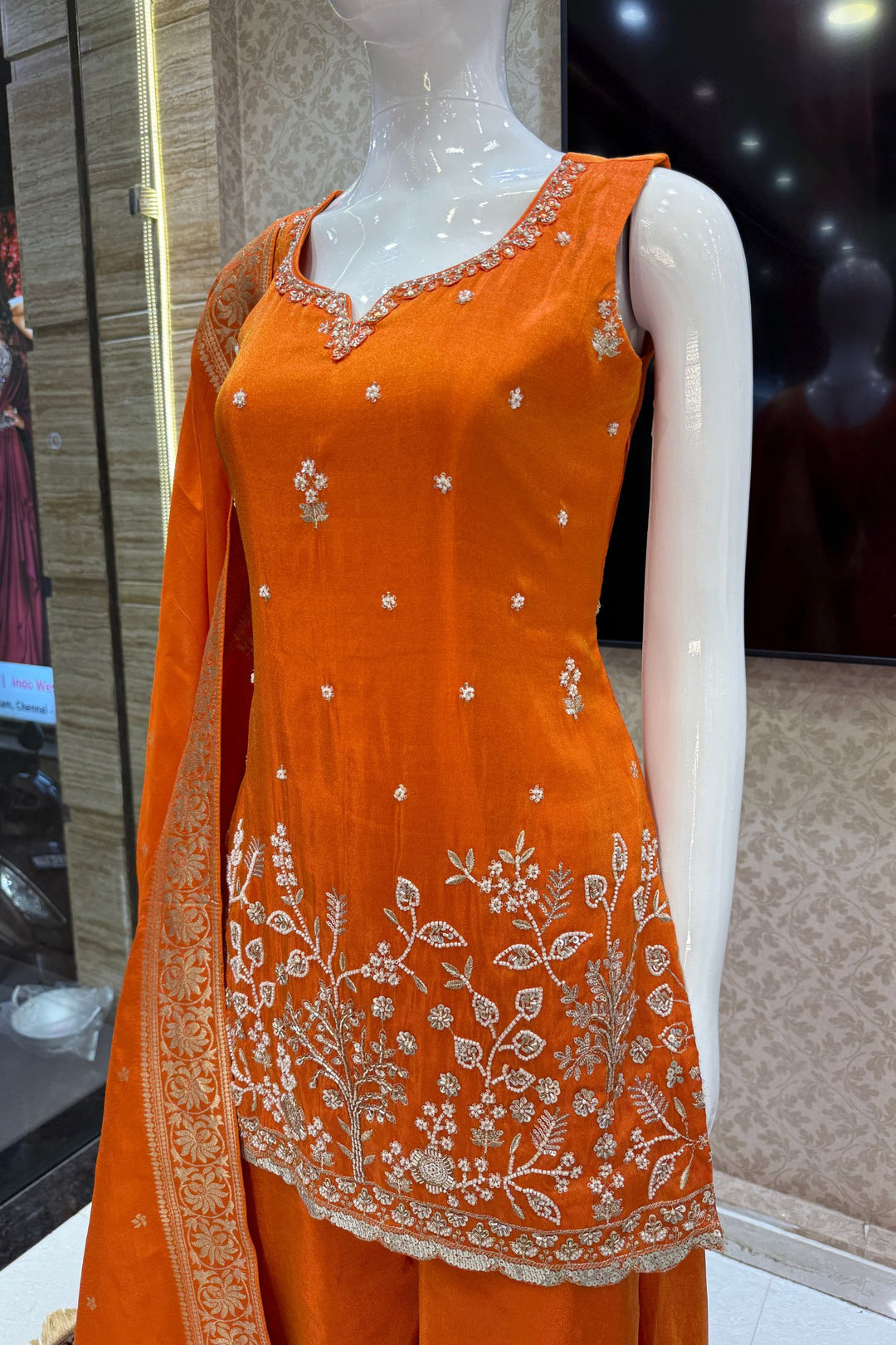 Orange Beads, Sequins and Zari work Palazzo Salwar Suit