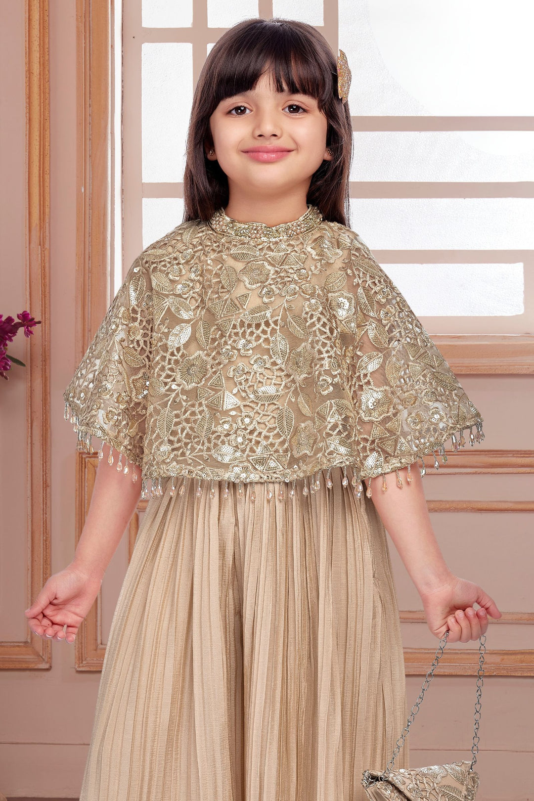 Fawn Embroidery, Beads and Sequins work Poncho Styled Palazzo Set for Girls