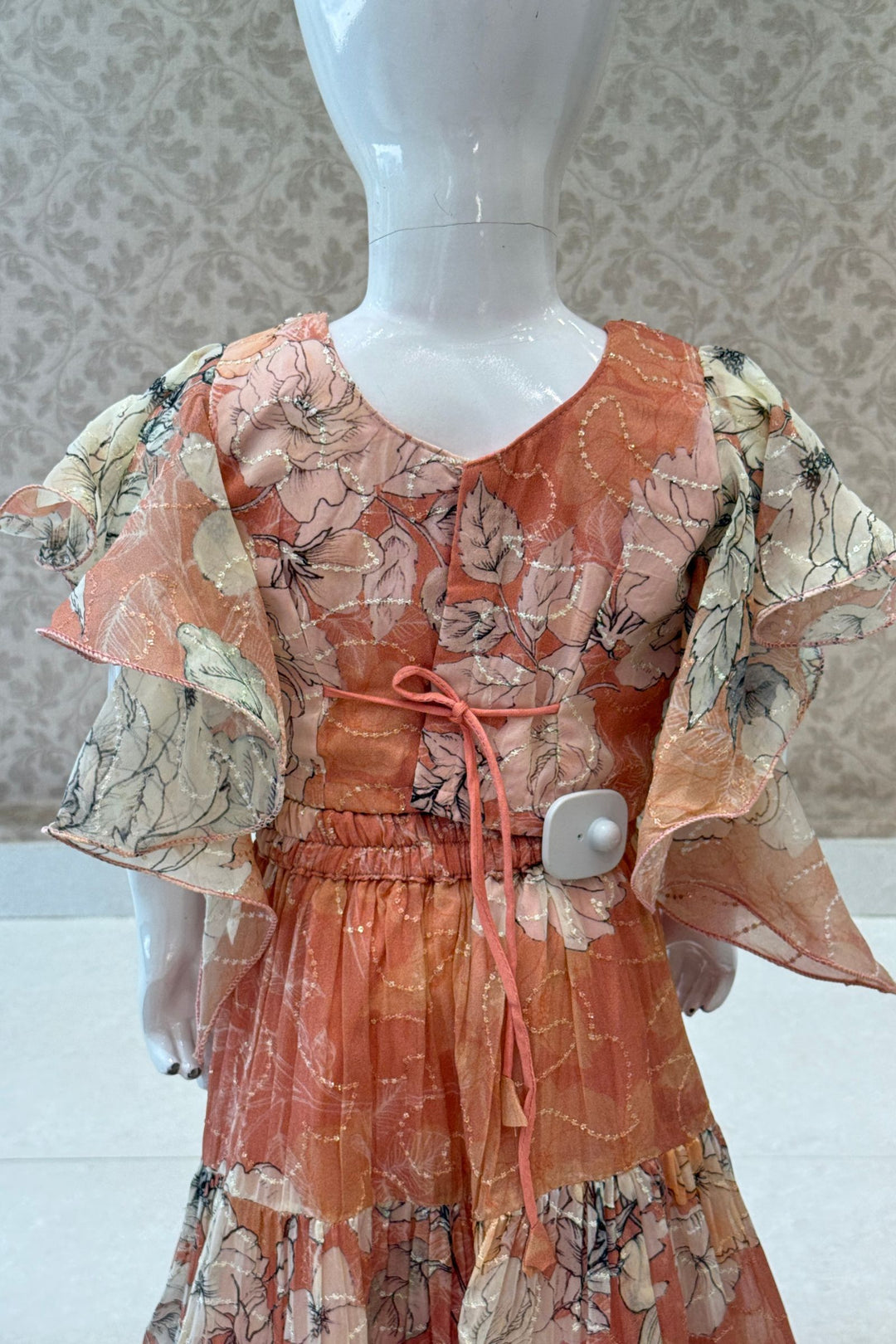 Peach Beads, Thread and Zardozi work with Floral Print Lehenga Choli for Girls
