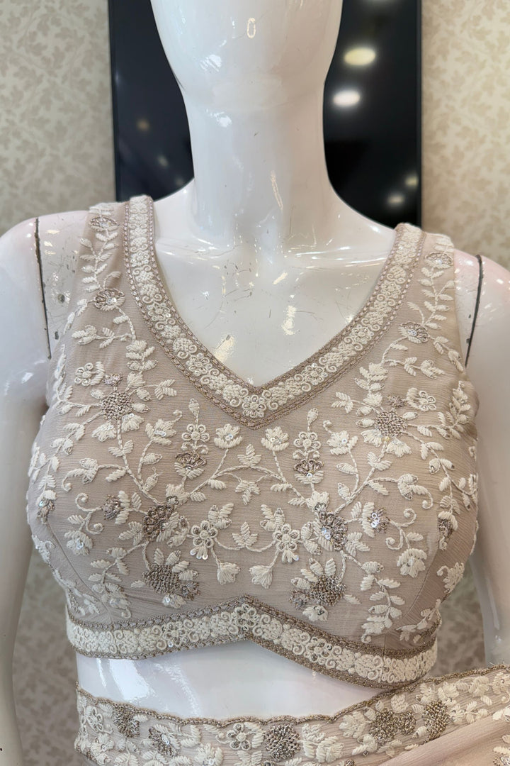 Beige Thread, Zari and Sequins work Saree