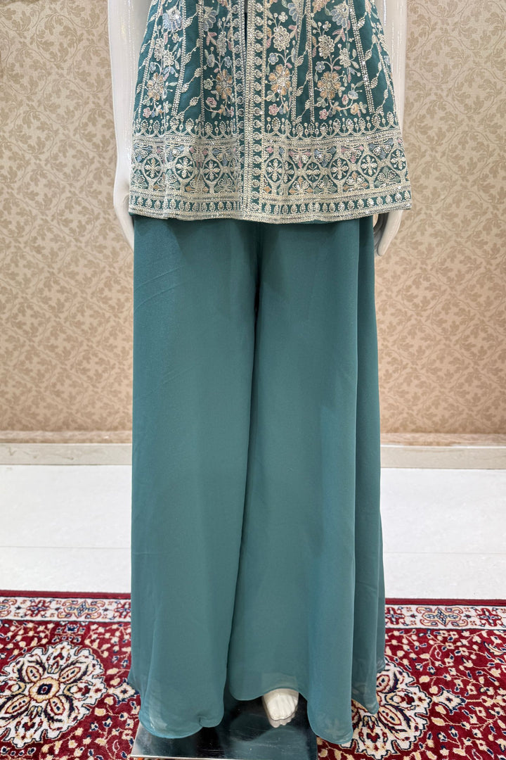 Sea Green Multicolor Embroidery and Sequins work Peplum Top with Palazzo Suit Set