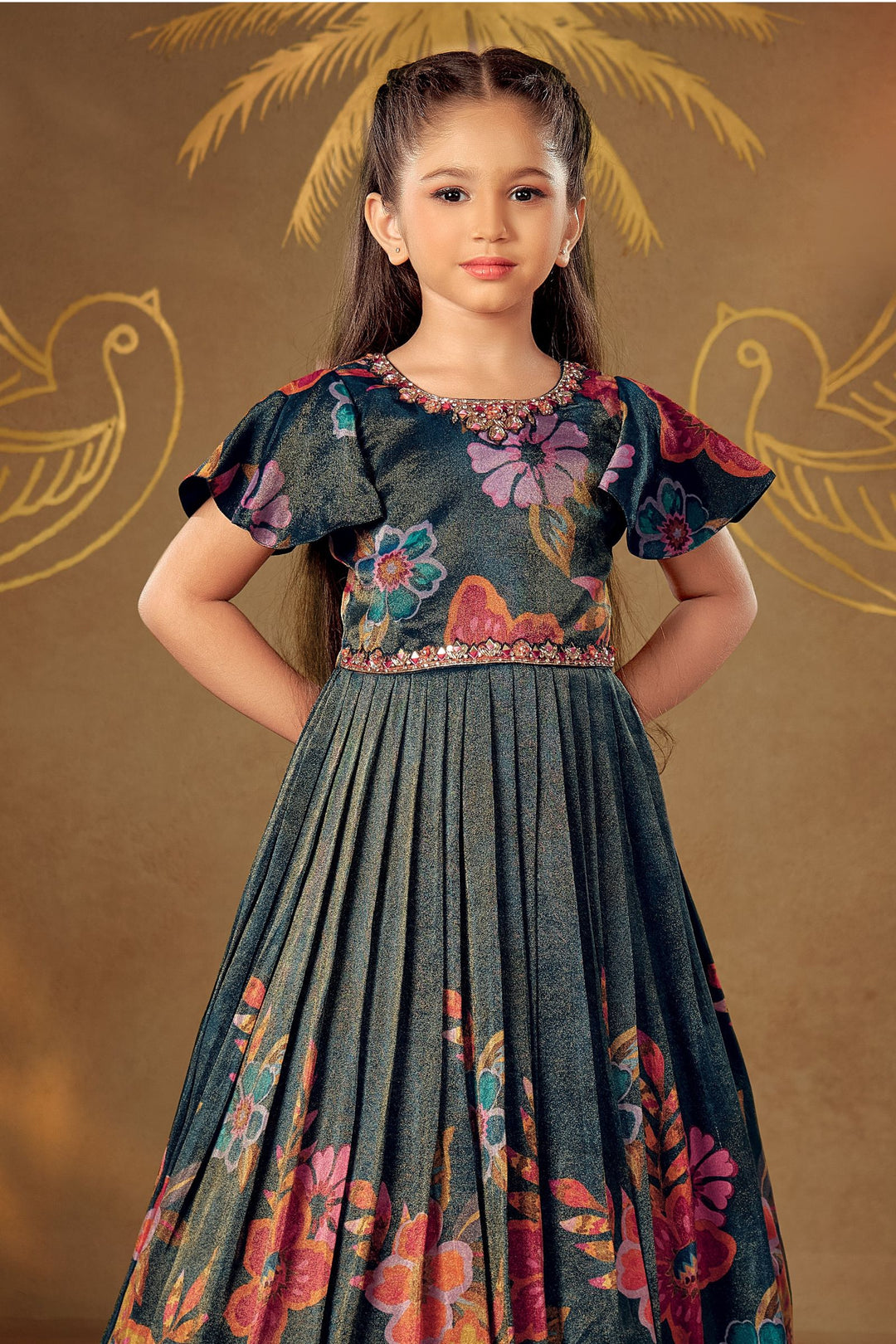 Peacock Blue Mirror, Stone, Sequins and Beads work with Floral Print Long Party Gown for Girls