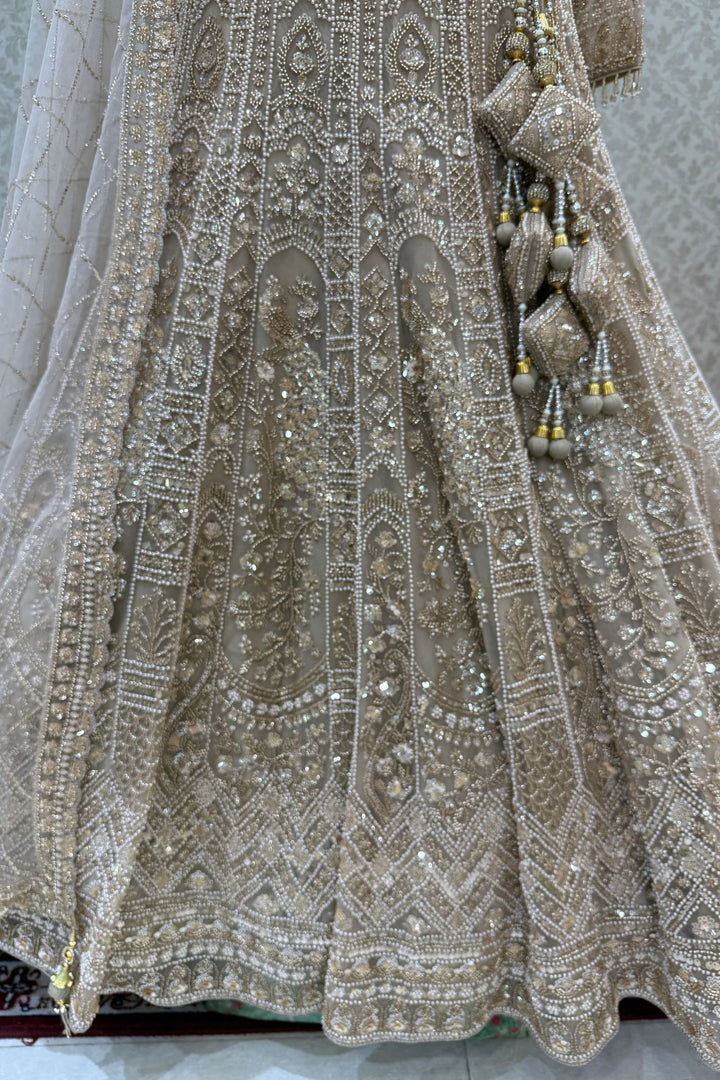 Beige Sequins, Pearl and Zari work Flared Lehenga Set with Peacock Motifs