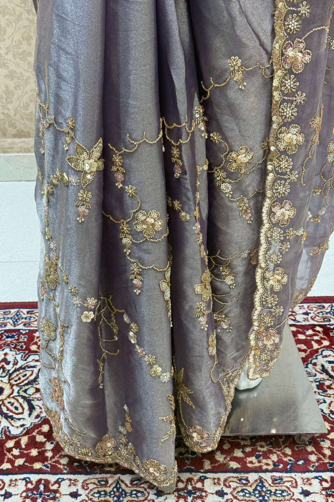 Light Purple Sequins, Beads, Zari and Pearls work Saree