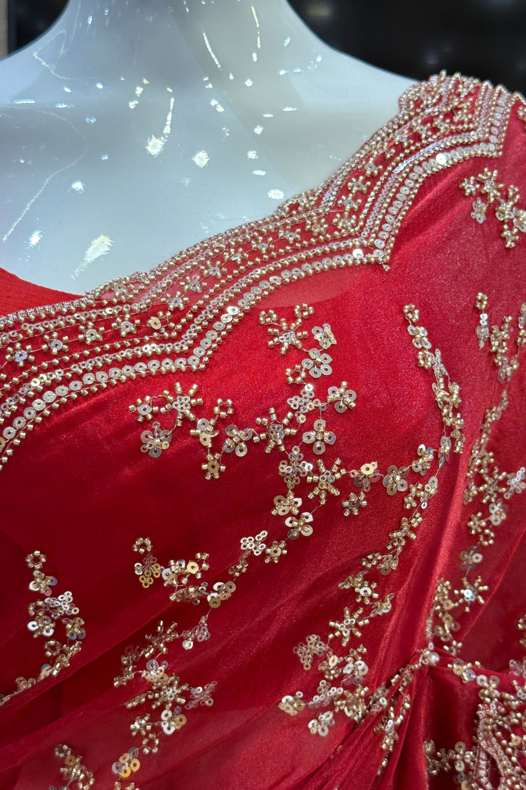 Red Saree with Intricate Zari, Sequin and Beads work