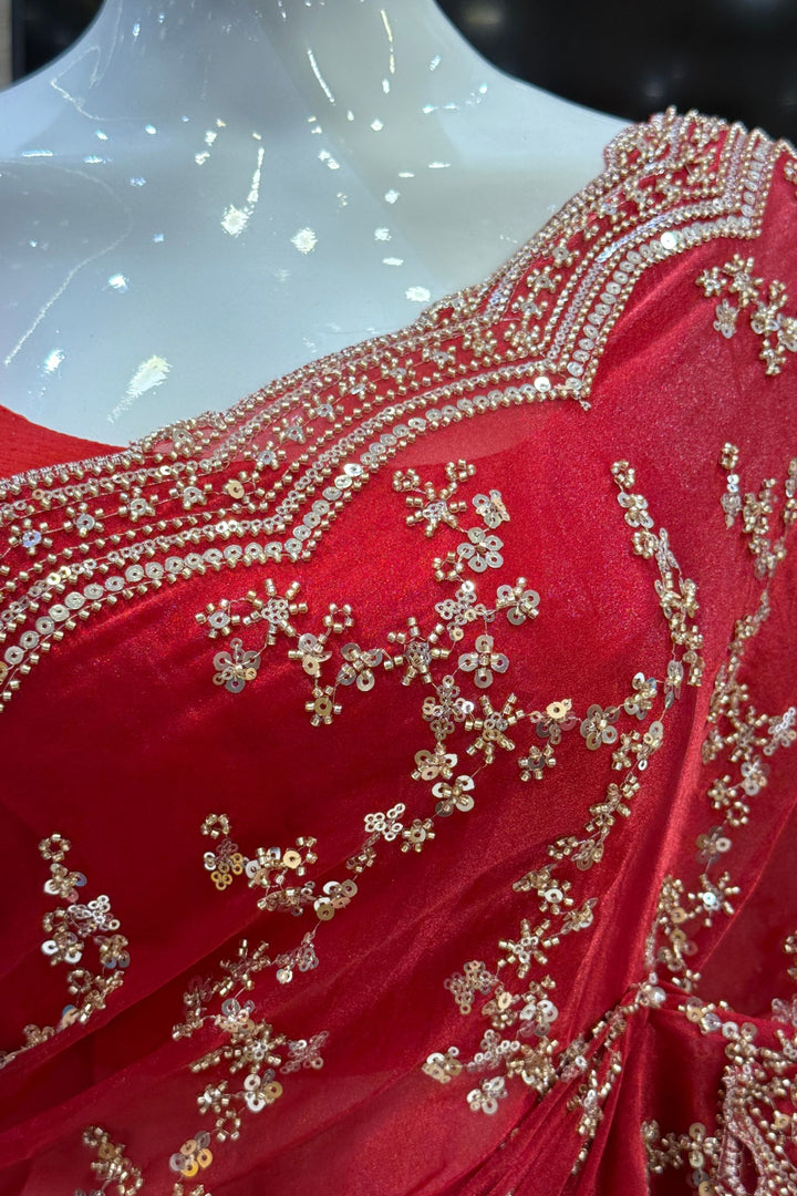 Red Saree with Intricate Zari, Sequin and Beads work