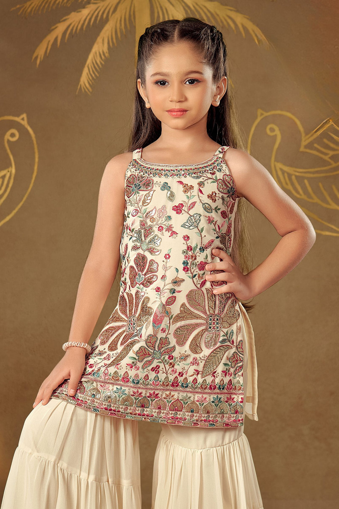 Cream Sequins, Stone, Beads and Multicolor Embroidery work Sharara Suit Set for Girls