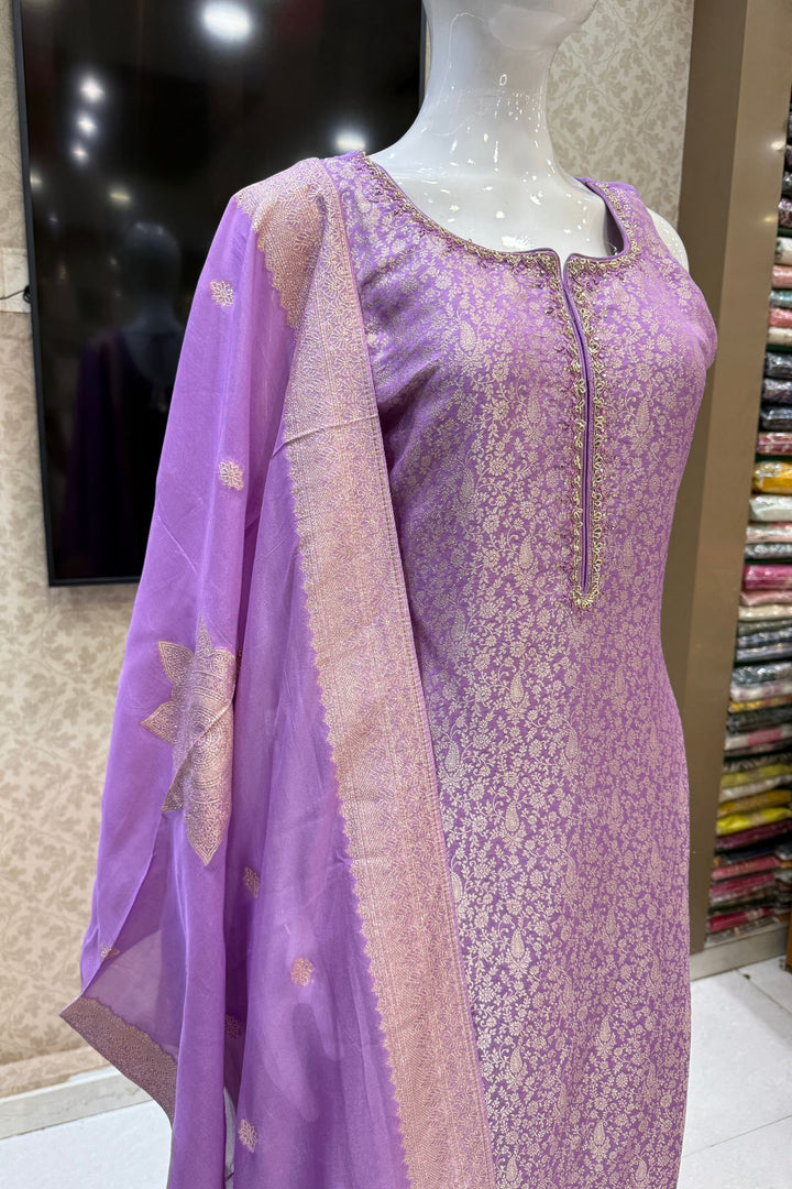 Lavender Zardozi, Stone, Thread and Brocade work Straight Cut Salwar Suit