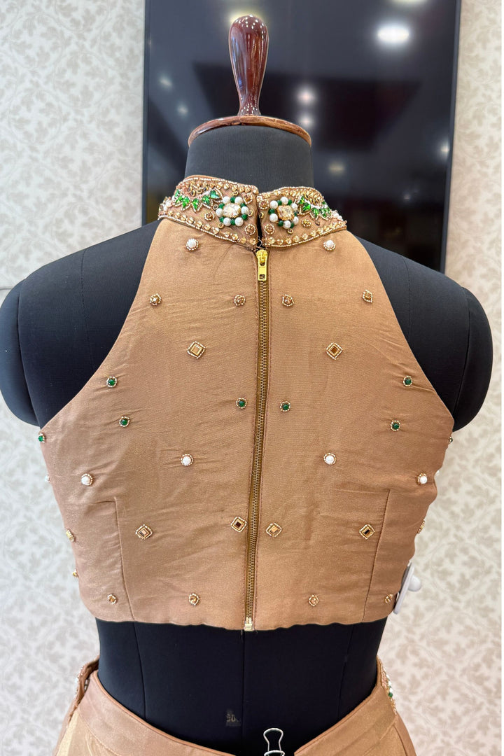 Gold Beads, Zardozi, Stone, Sequins and Pearl work with Halter Neck Crop Top Lehenga