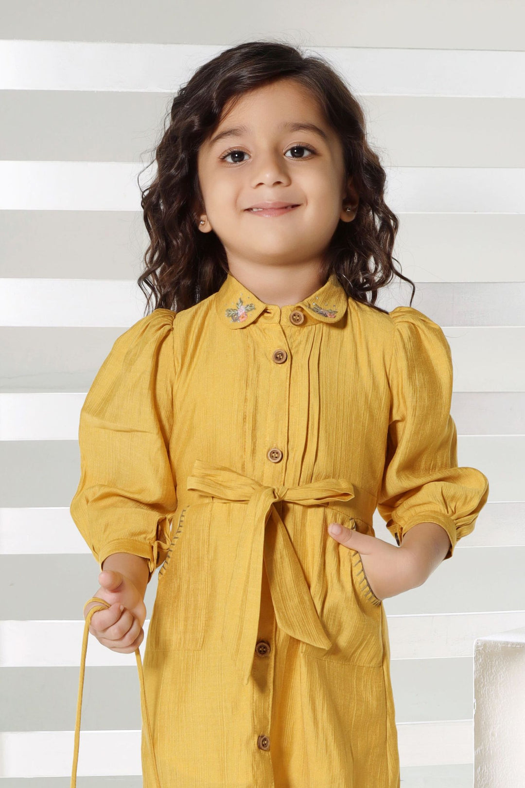 Mustard Short Frock For Girls with Bag