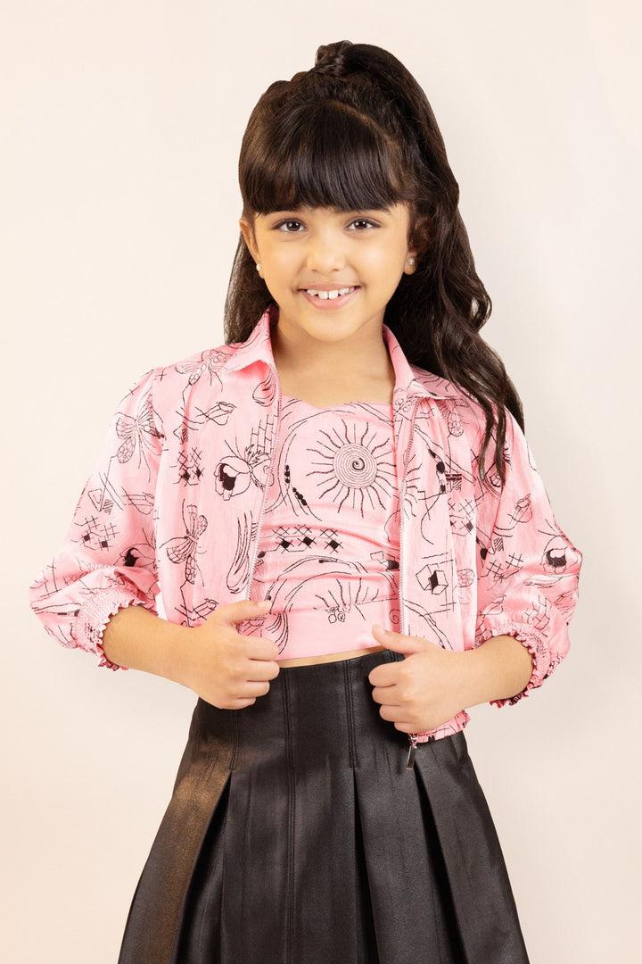 Peach with Black Digital Print Top and Overcoat with Divider Skirt for Girls
