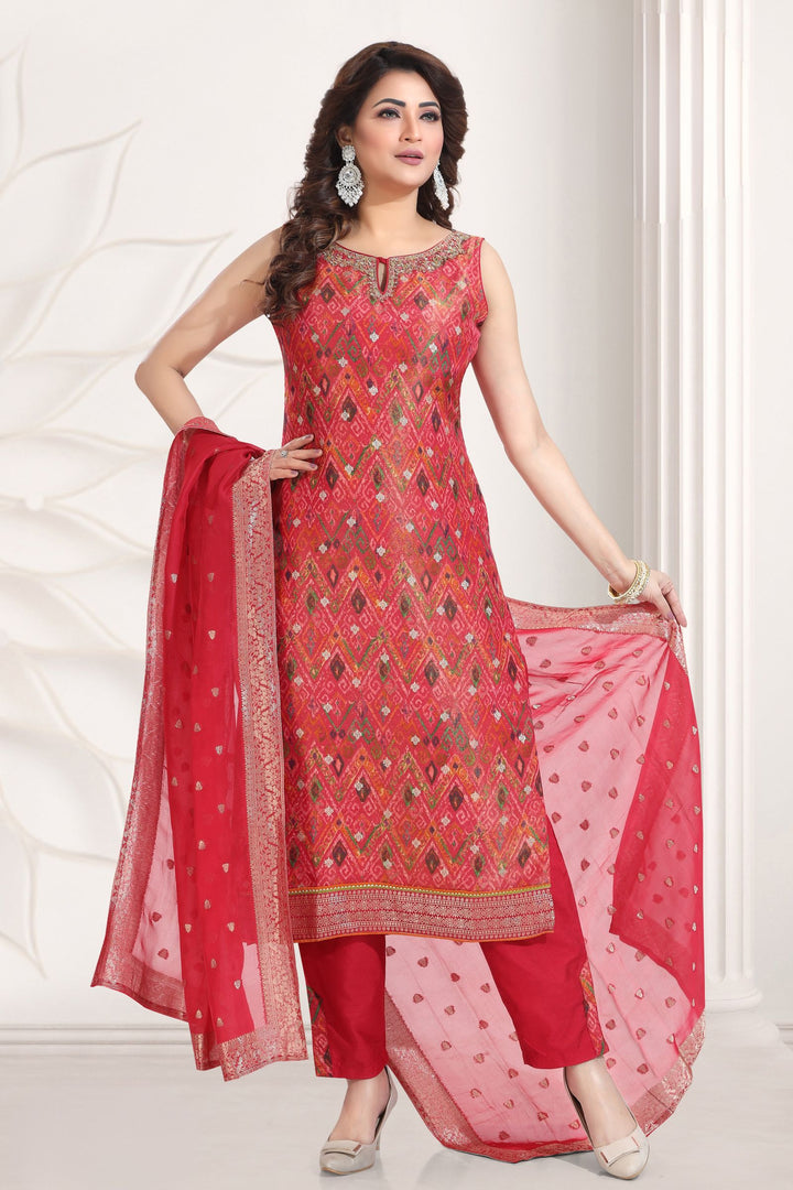 Red Beads, Banaras, Sequins and Zari work with Patola Print Straight Cut Salwar Suit