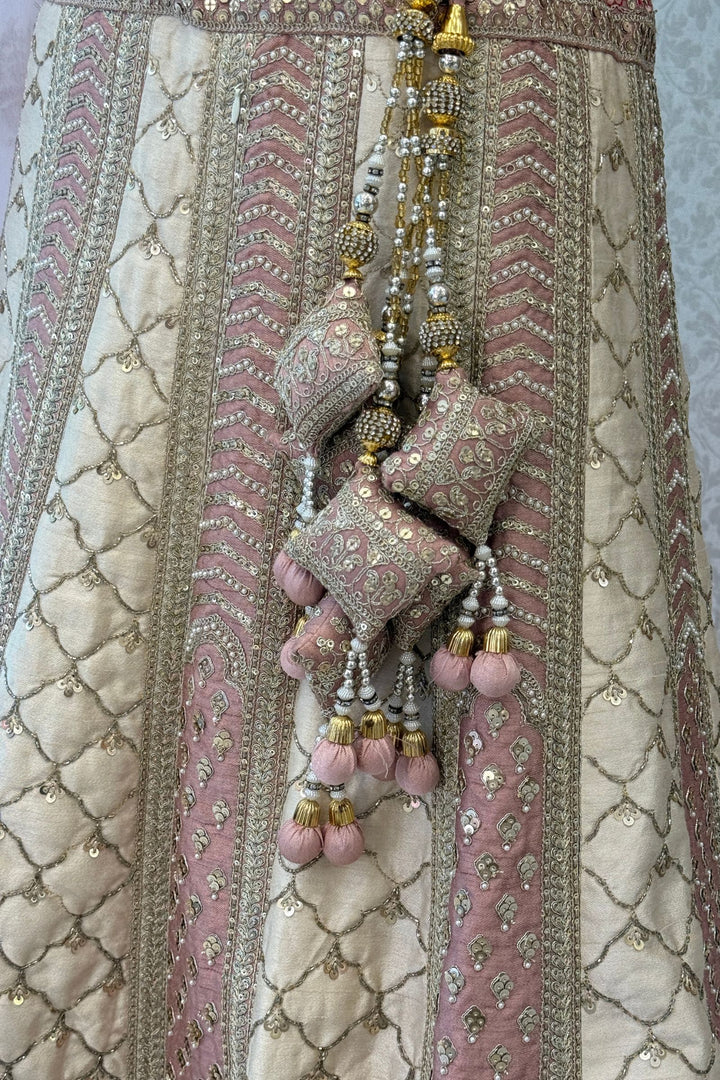 Cream and Blush Pink Bridal Lehenga with Intricate Sequins, Zari, Pearl, Beads and Stone