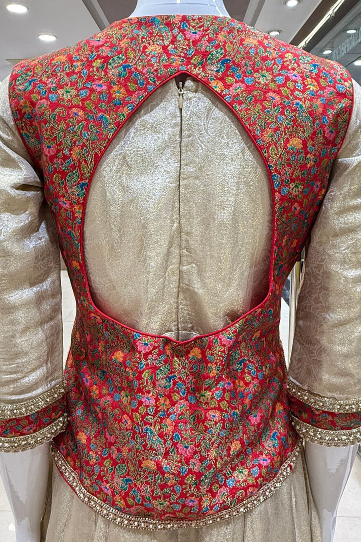Beige Zardozi and Banaraswork Anarkali Style with jacket Salwar Suit with Palazzo Pant