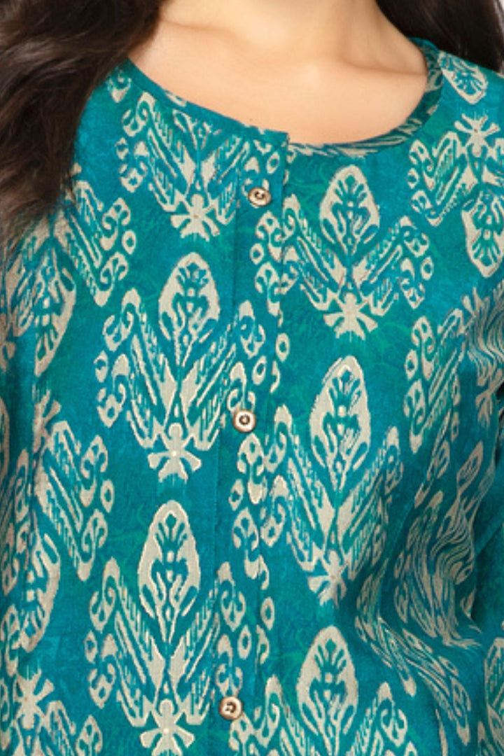 Rama Blue Digital Print A-line Cut Calf Length Kurti