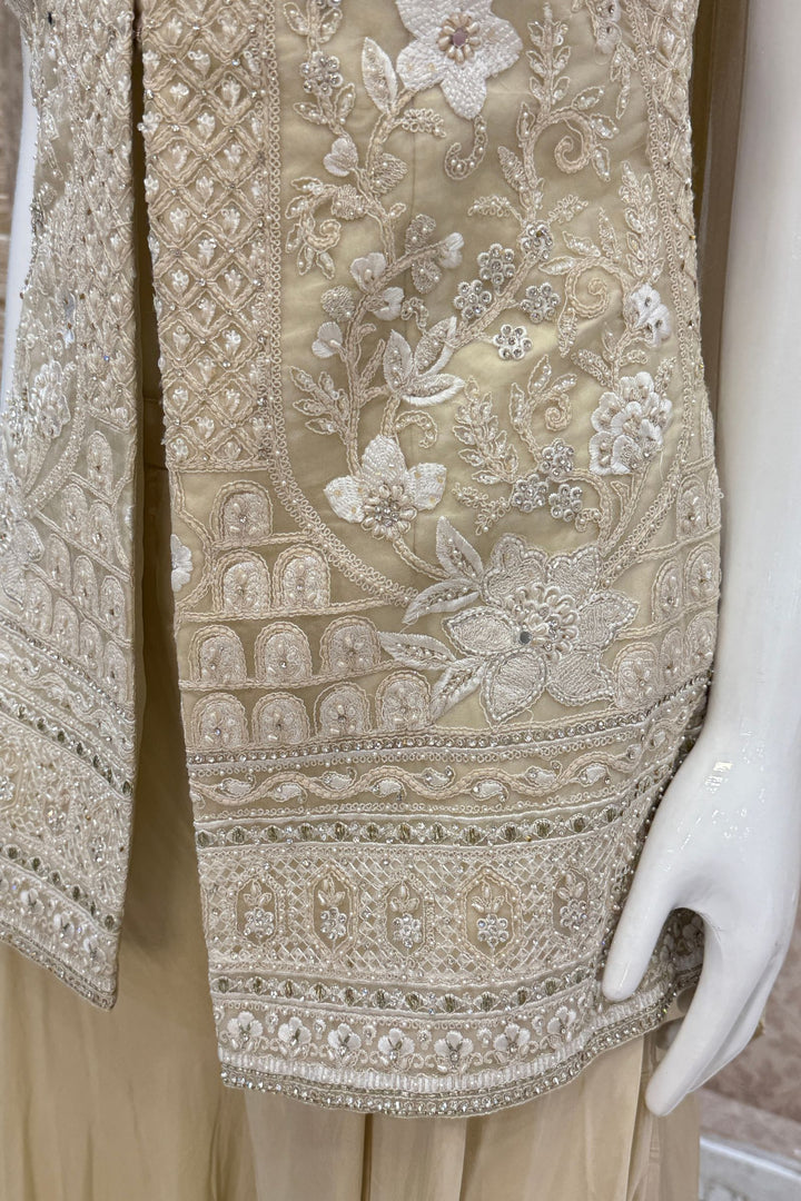 Cream Stone, Zari, Thread, Sequins and Beads work Salwar with Palazzo Pant