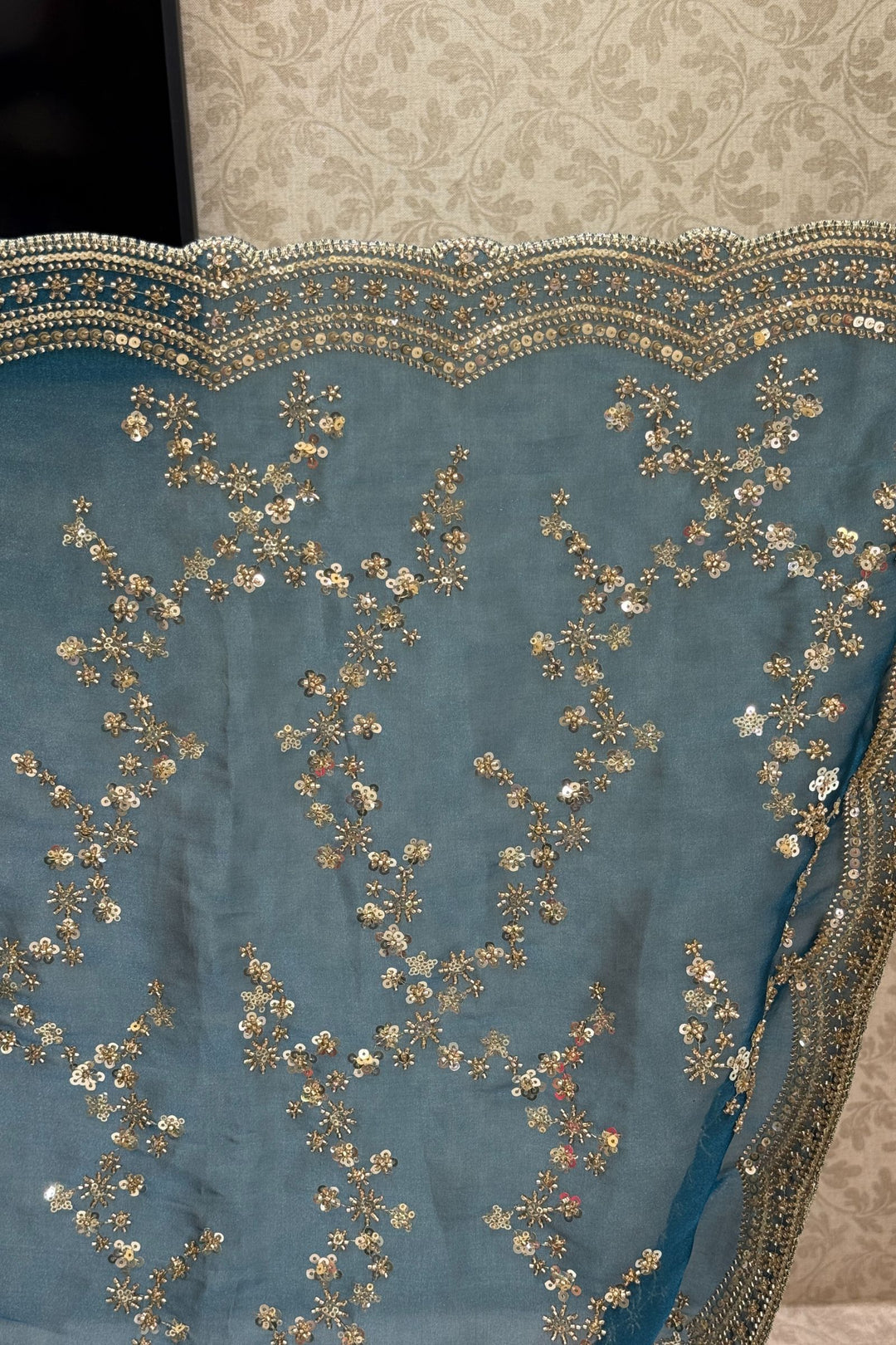 Teal Blue Beads, Zari and Sequins work Saree