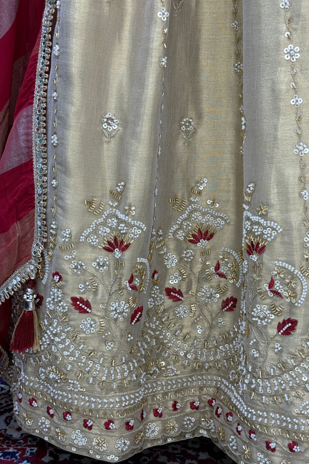 Beige and Gold Embellished Lehenga Set with Contrast Maroon Dupatta