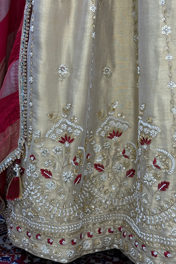 Beige and Gold Embellished Lehenga Set with Contrast Maroon Dupatta