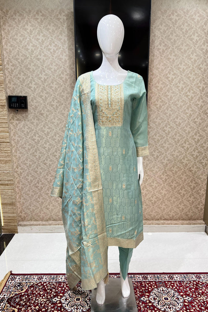 Sea Green Sequins and Zardozi work with Banaras Zari Weaving Straight Cut Salwar Suit