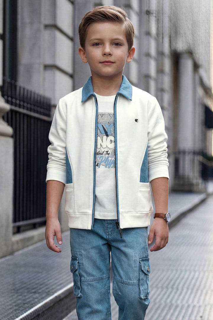 White with Blue Blazer, Printed T-Shirt and Pant Set for Boys
