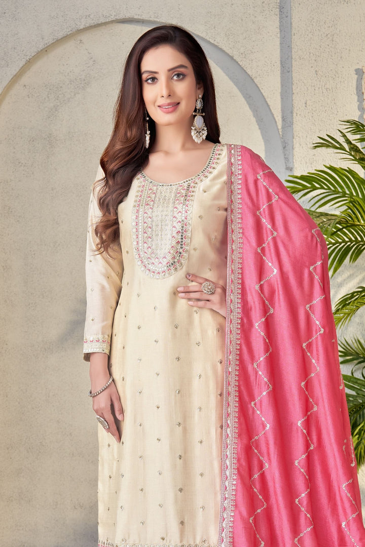 Cream Sequins, Zari and Thread work Straight Cut Salwar Suit