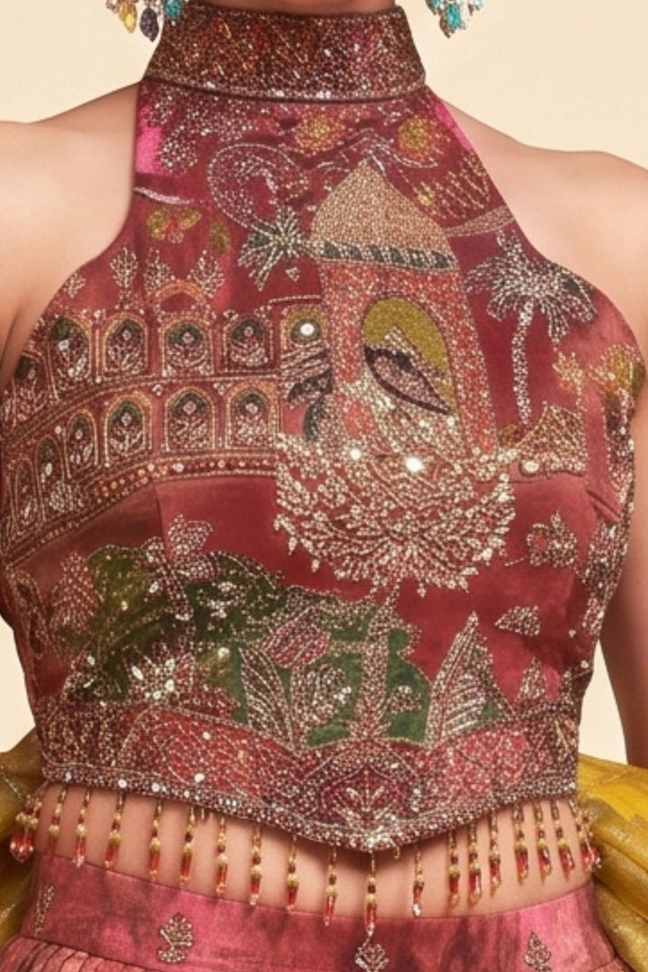 Maroon and Rose Designer Halter Neck Lehenga Set with Mustard Dupatta