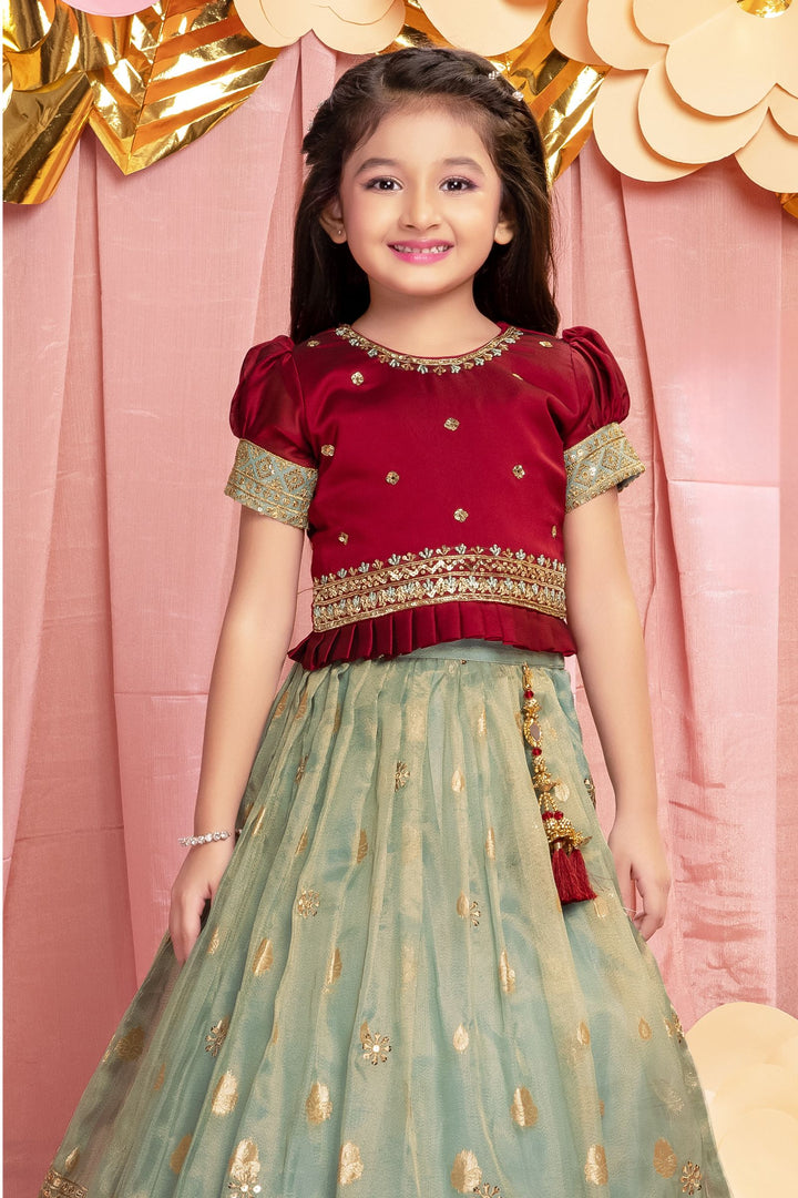 Maroon with Sea Green Zari, Sequins and Thread work Lehenga Choli for Girls