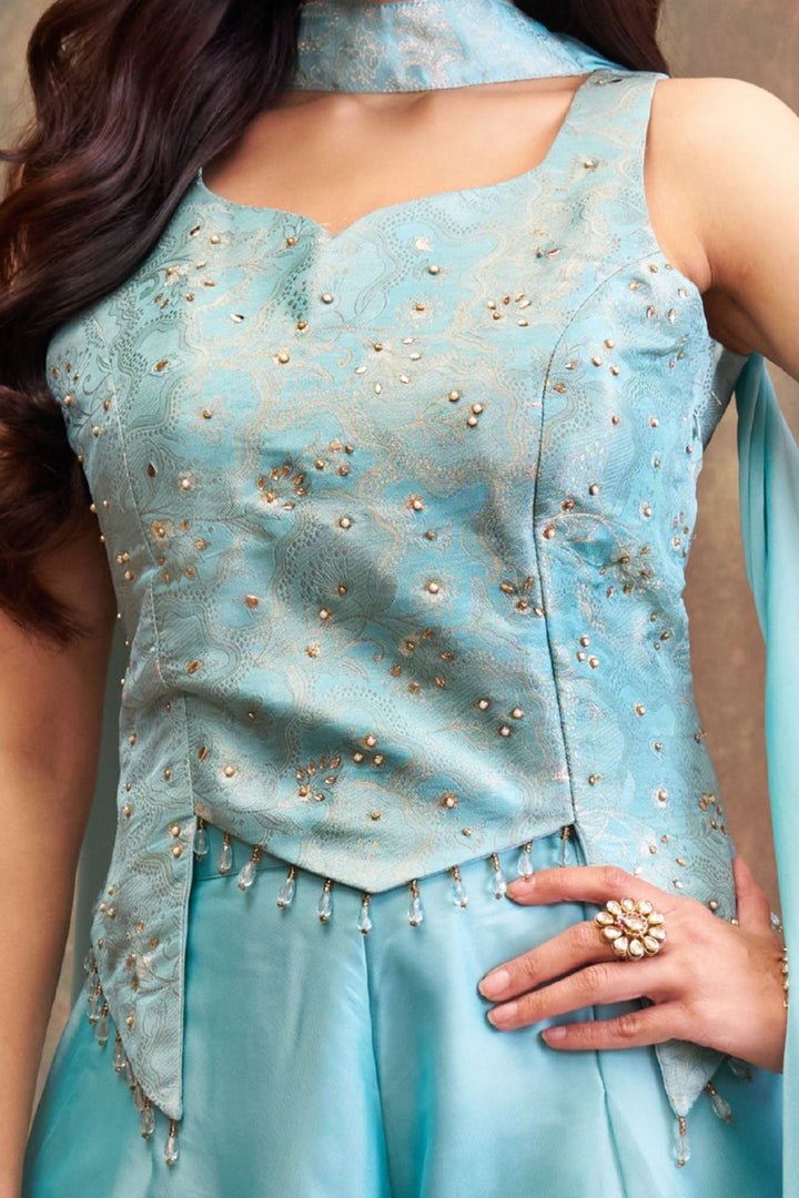 Firozi Blue Banaras, Stone and Beads work Palazzo Suit Set