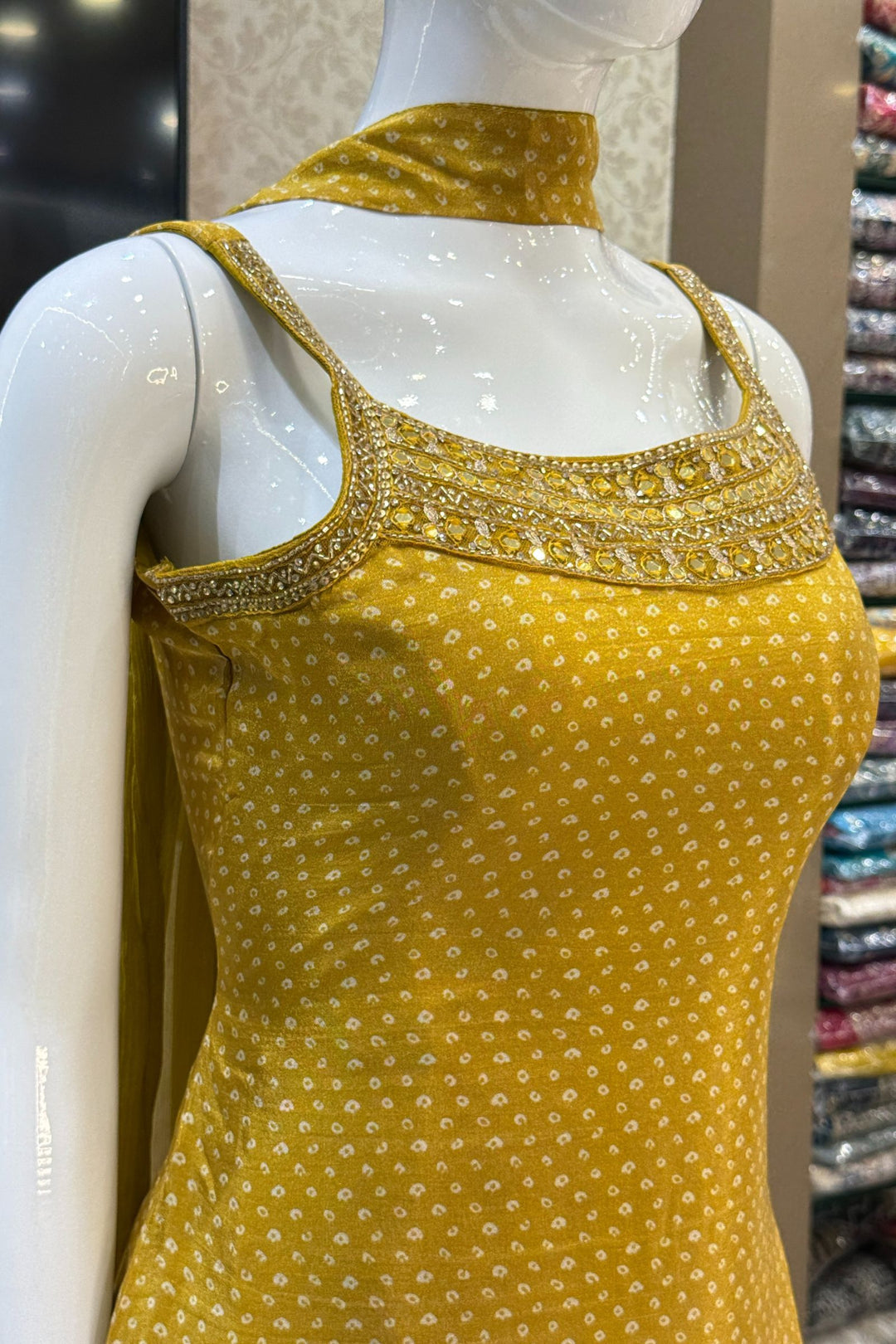 Mustard Sequins, Beads, Stone and Zari work with Bandini Print Palazzo Salwar Suit