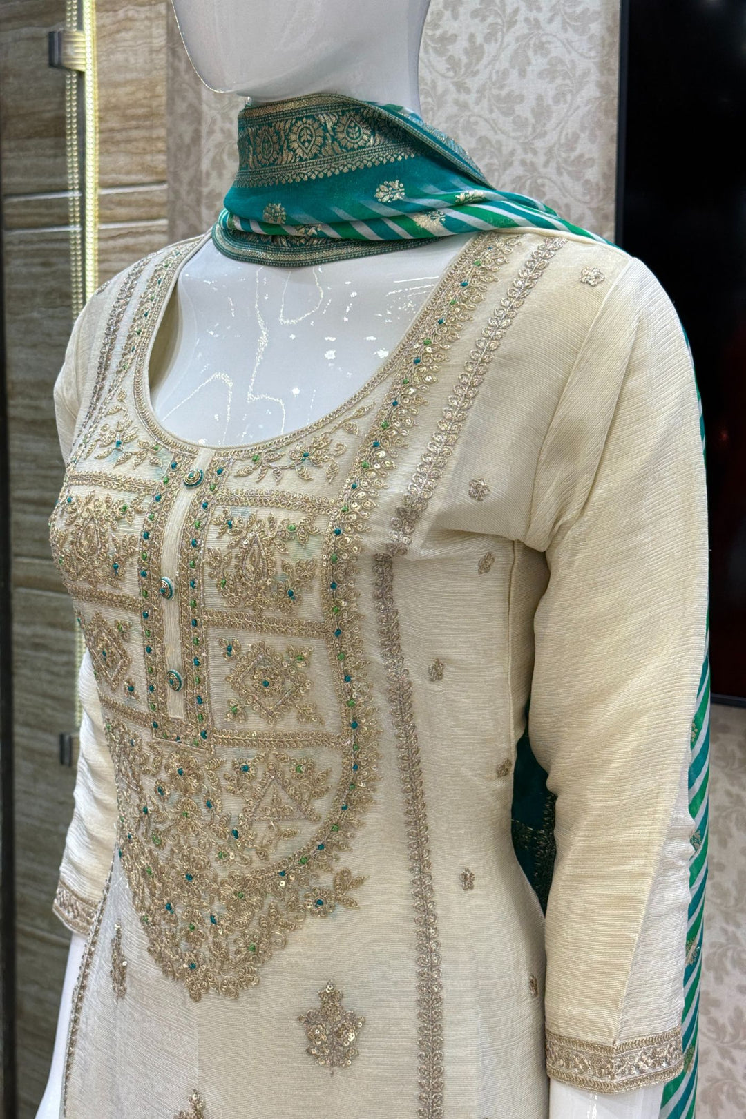 Beige Zari, Sequins and Thread work with Leheriya Print Palazzo Salwar Suit