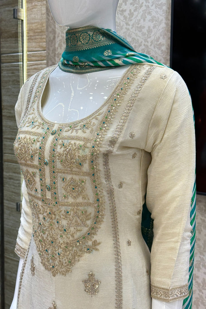 Beige Zari, Sequins and Thread work with Leheriya Print Palazzo Salwar Suit