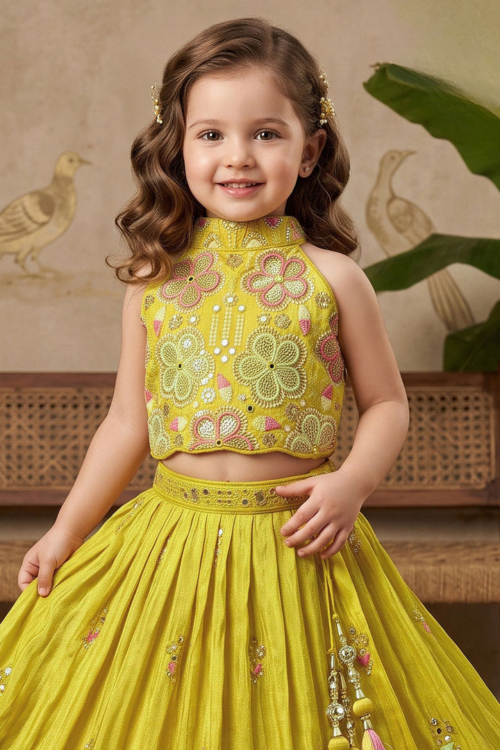 Lemon Green Halter Neck Girls Lehenga Choli with Emboridery, Beads and Sequins work