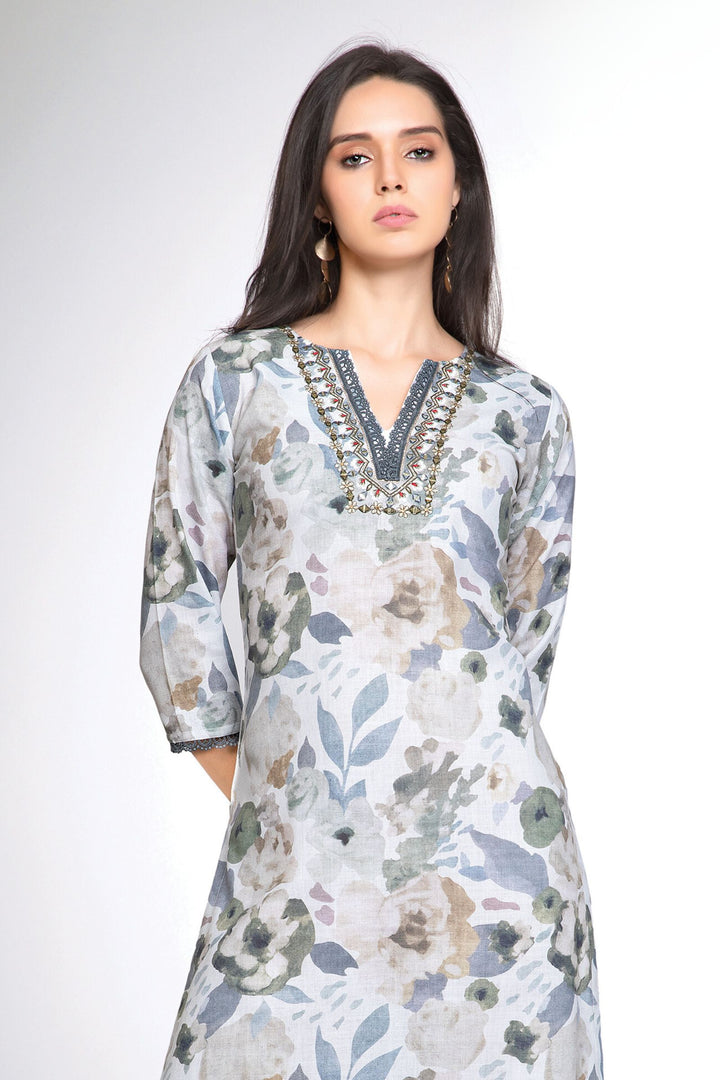 Cream Tie and Dye Print, Mirror, Thread, Zari and Lace work Calf Length Kurti