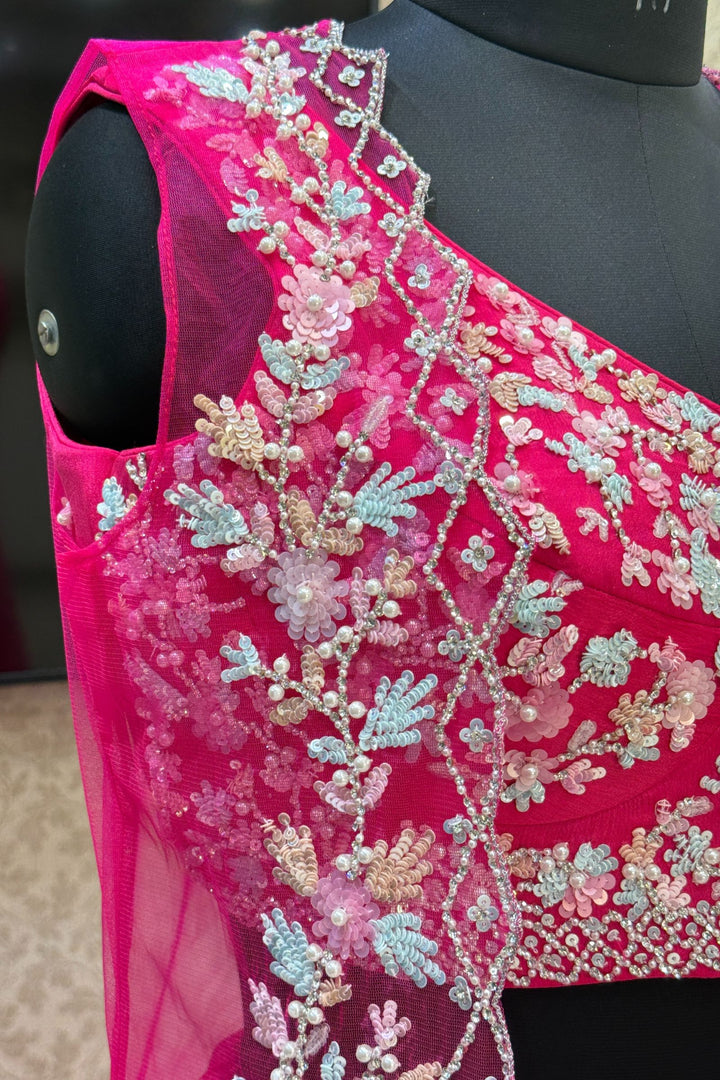 Rani Pink Sequins, Stone and Pearl work Indo-Western Styled Crop Top Lehenga  with Overcoat