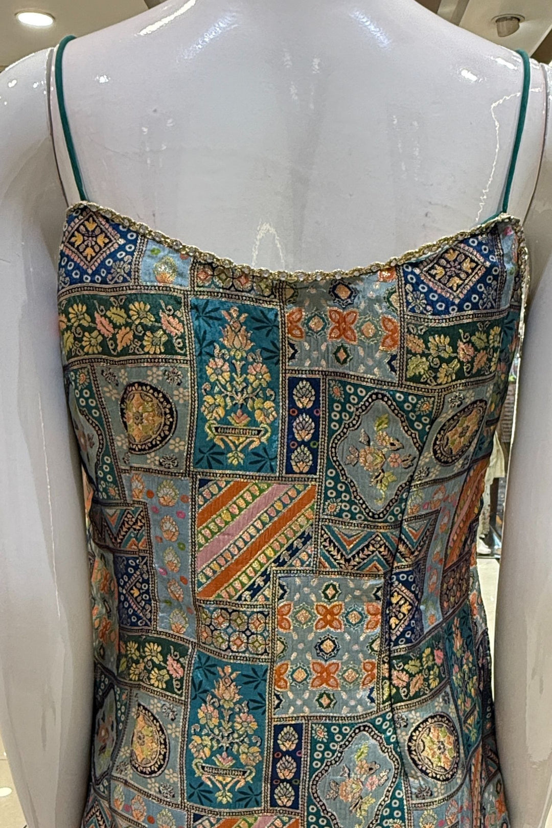 Rama Green Stone, Mirror and Banaras work with Digital Print Sharara Salwar Suit