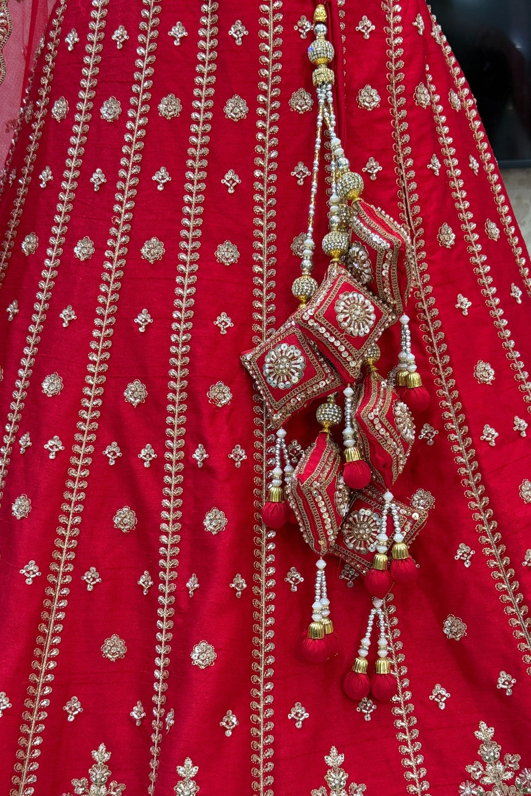 Red Beads, Zari, Zardozi, Thread and Sequins work Crop Top Designer Bridal Lehenga