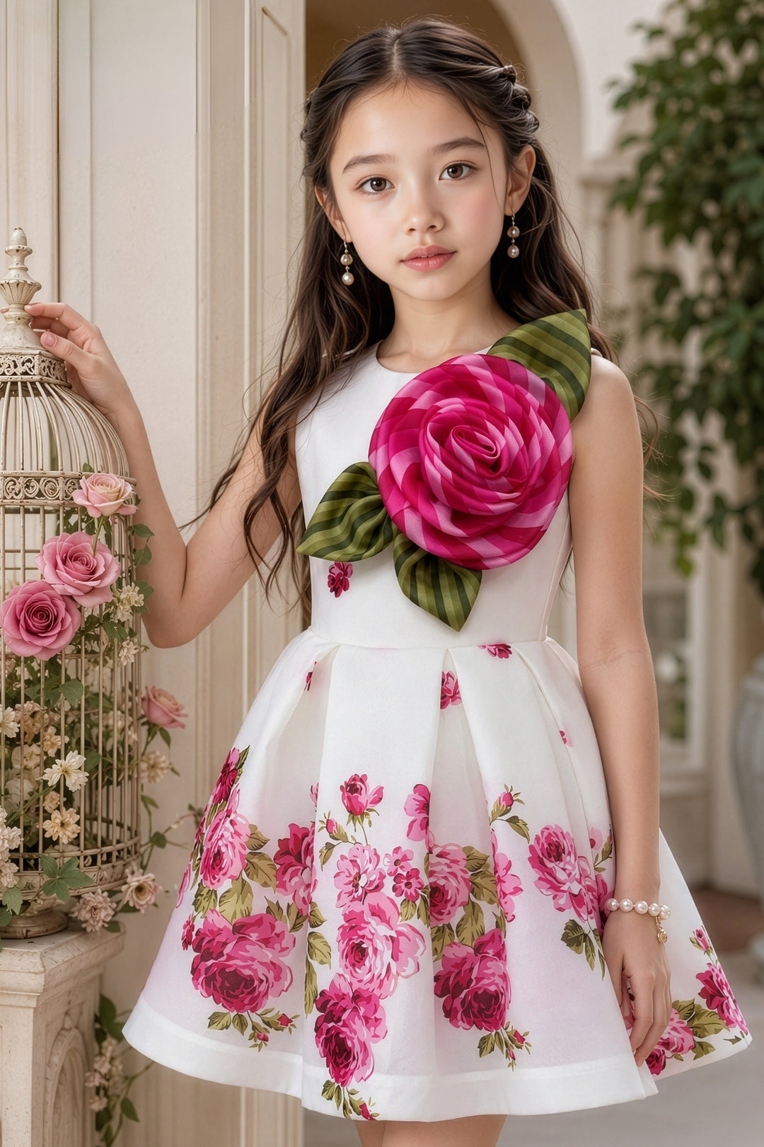 White with Rose Flower and Leaf Accent Short Frock For Girls