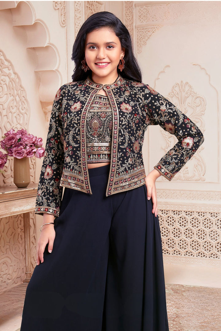 Navy Blue Multicolor Embroidery, Sequins and Zari work Jacket Styled Palazzo Set for Girls