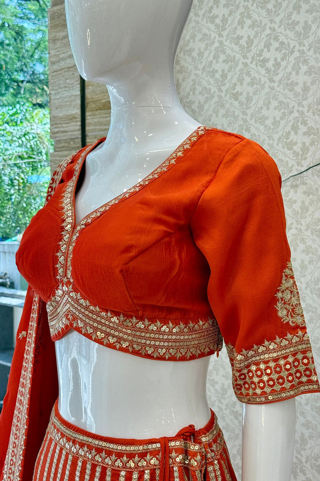 Orange Sequins and Zari work Crop Top Lehenga