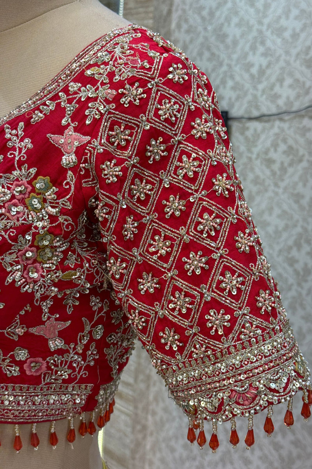 Red Handcrafted Bridal Lehenga with Intricate Zardozi, Sequins, Pearl and Zari Detailing