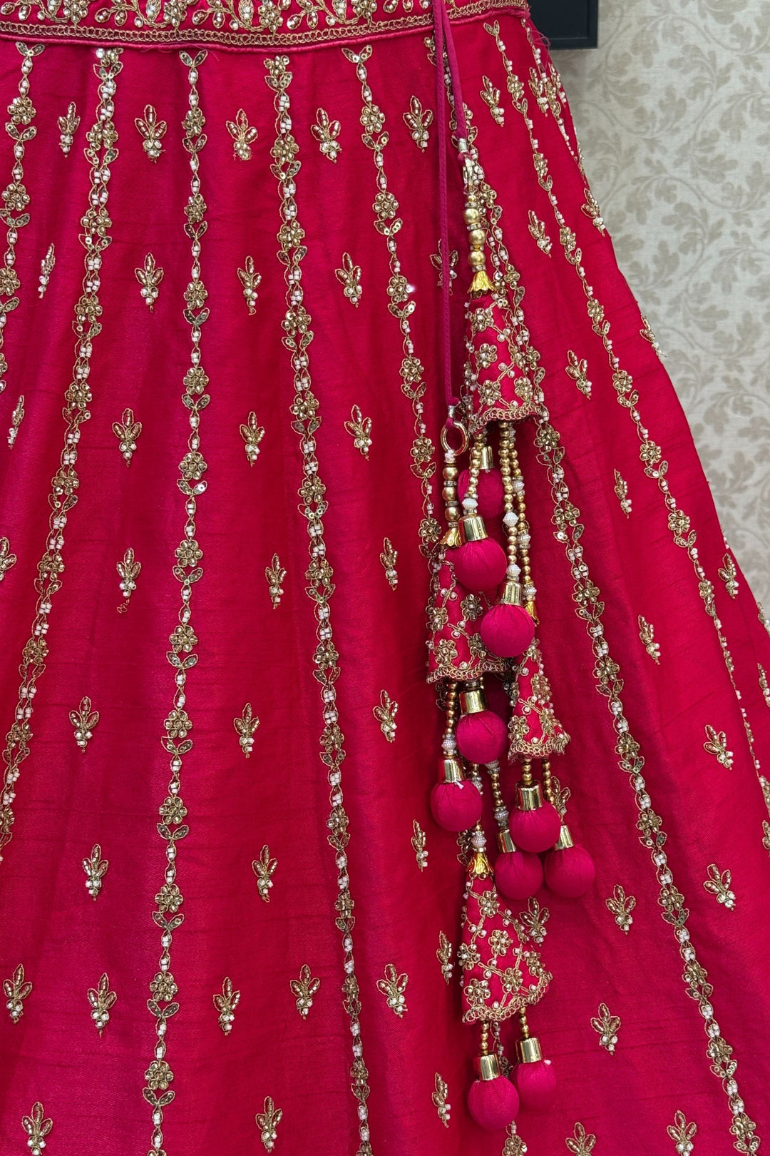 Rani Pink Beads, Zari, Zardozi and Sequins work Crop Top Designer Bridal Lehenga with Belt